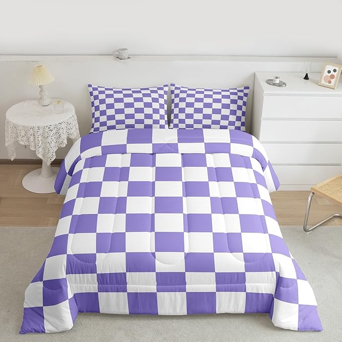 Feelyou Checkered Retro Comforter Set King Size Purple Plaid Bedding Set for Kids Boys Girls Geometric Vintage Duvet Quilt Modern Simple Groovy Aesthetic Bedroom Decor 3 Pcs with 2 Pillow Cases