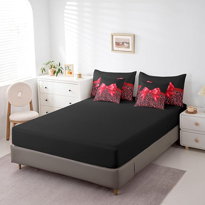 Feelyou Red Bowknot 7 Piece Bedding Set Queen Size Glitter Print Comforter Set with Sheets for Kids Girls Adult Cute Bowknot Bed in a Bag Black Silver Bed Set
