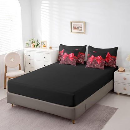 Feelyou Red Bowknot 7 Piece Bedding Set Queen Size Glitter Print Comforter Set with Sheets for Kids Girls Adult Cute Bowknot Bed in a Bag Black Silver Bed Set