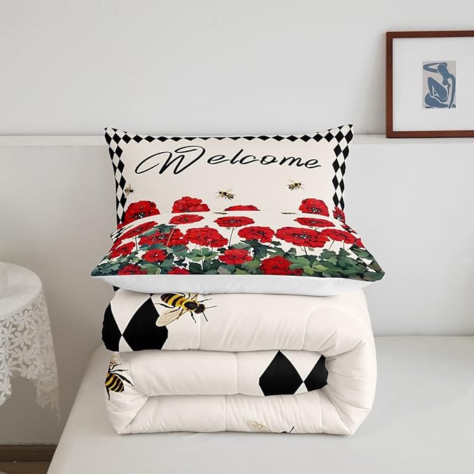Erosebridal Spring Geranium Flowers Down Comforter Full Rustic Farmhouse Plaid Floral Bedding Sets Country Garden Style Comforter Set for Teen Girls Women,Pastoral Bee Quilt Duvet Cabin Decor