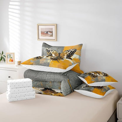 Erosebridal Boho Butterfly Full Comforter Set 7 Pieces for Girls Women Bedroom Decor, Yellow Gray Ombre Bed in a Bag Modern Contemporary Bedding Comforter Sets with Fitted Sheet and Flat Sheet