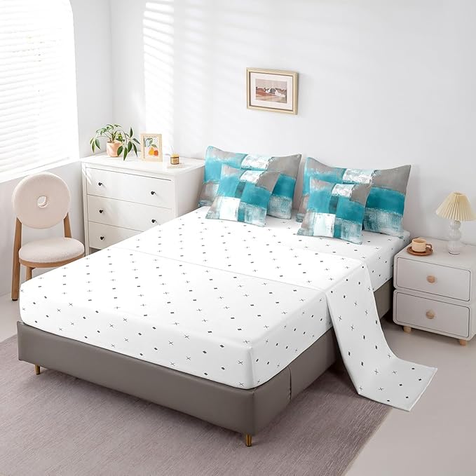 Erosebridal Blue White Grey Full Comforter Set 7-Piece Aesthetic Bed in a Bag, Gradient Bedding Comforter Sets Modern Bedding Set (Comforter, Fitted Sheet, Flag Sheet, Pillowcase, Throw Pillow Cover)
