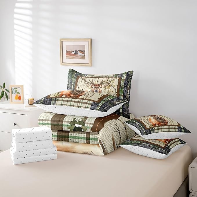 Erosebridal Elk Deer Bed in a Bag Queen Comforter Set 7 Piece,Woodland Animals Bedding Sets Buffalo Plaid Sheet Set with Comforter