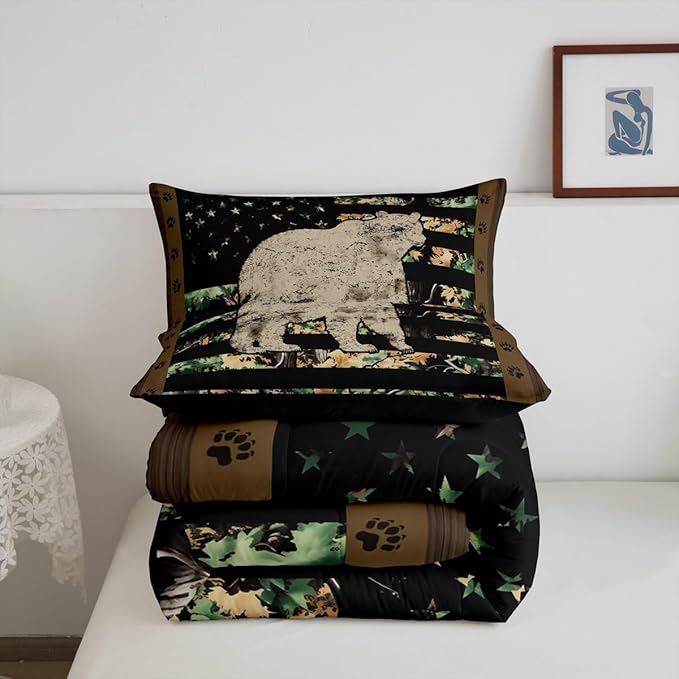 Feelyou Gray Bear Bedding Set Wild Animal Comforter Set for Kids Boys Girls Camo Tree Branches Comforter American Flag Quilt Set with 1 Pillowcase 2Pcs Bedding Twin