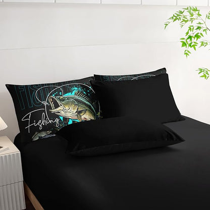 Big Pike Fish Bedding King Size，Hunting and Fishing Bedding Set 7 Piece in A Bag, Fishing Brown Green Bedding Set Brown Green Bedding Set Themed Comforter Set for Kids Boys Room Decor