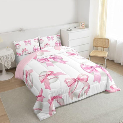 Baseball Bowknot Comforter Set Full Size,Baseball Sport Games Bedding Sets 3Pcs for Kids Girls Boys Women Room Decor,Pink Bow Tie Print Down Comforter Sweet Modern Quilted Duvet,2 Pillowcases