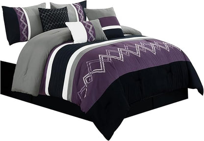 Chezmoi Collection Arden 7-Piece Modern Pleated Stripe Embroidered Zigzag Bedding Comforter Set (Oversized King, Purple/Black/Gray/White)