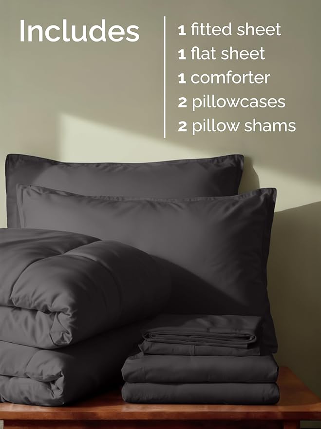 Full Comforter Set - 7 Piece Bed in a Bag Full Size Bed Set - Down Alternative Comforter, Flat Sheet, Fitted Sheet, Pillowcase & Shams for All Seasons - Ultra Soft, Comfy and Breathable - Dark Grey
