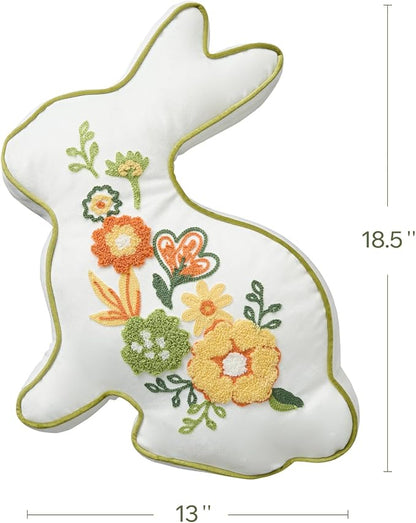 Phantoscope Happy Easter Bunny Shaped Throw Pillow, Embroidered Floral Patterns Cushion Soft Velvet Easter Rabbit Decorative Pillow for Couch Living Room Bed, White,18.5 x 13 inches
