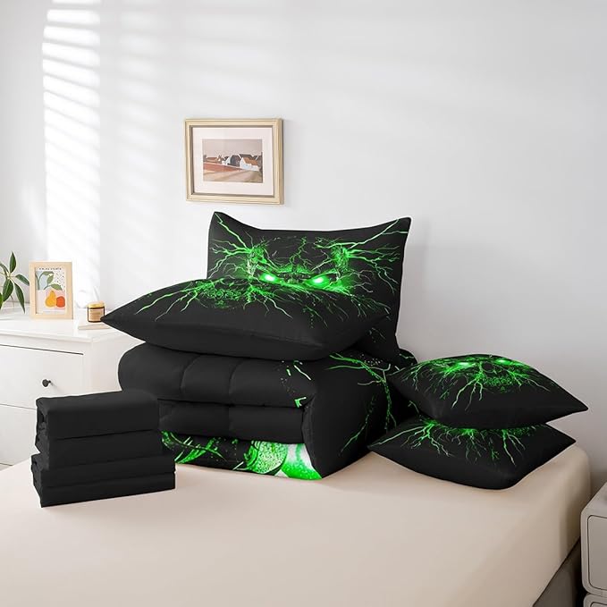 Erosebridal Gothic Comforter Set 7 Piece Bed in a Bag Twin,Sugar Skull Spooky Bone Goth Bedding Set,Green Lightning Comforter and Sheet Set,Exotic Halloween Skeleton Decorations