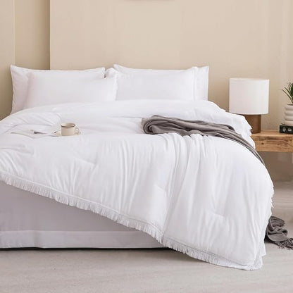 Andency Oversized King Comforter Set White 120x98-7 Pieces Boho Tassel Bed in a Bag Soft Lightweight Bedding Sets, Fringe All Season Bed Set with Comforter, Sheets, Pillowcases & Shams