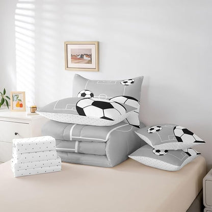 Erosebridal Football 7 Piece Bedding Set Queen Boys Sports Comforter Set with Sheets Soccer Ball Theme Playground Bed in a Bag Football Court Pattern Grey White for Kids Boys Girls