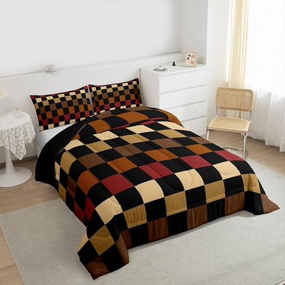 Feelyou Checkered Retro Kids Comforter Set King Size Brown Red Black Plaid Bedding Set Geometric Vintage Duvet Quilt for Kids Boys Girls Bedroom Modern Simple Groovy Aesthetic Decor