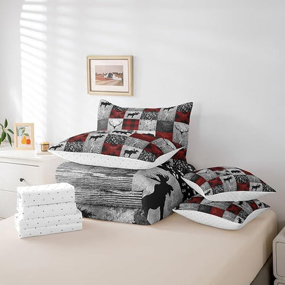 Erosebridal 7 Pcs Rustic Bear Comforter Set Full Size,Hunting Animal Bed in a Bag with Flat Sheet and Fitted Sheet for Kids and Adults,Camping Patchwork Bedding Set with Pillowcases and Cushion Cases
