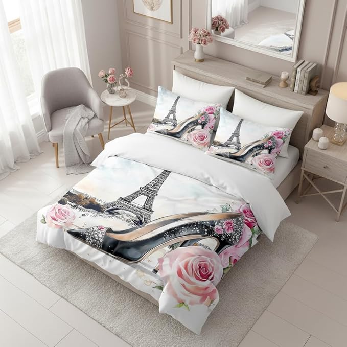 Eiffel Tower Comforter Set Full Size, Pink Rose High Heels Bedding Set, 3 Pieces Watercolor Bedroom Decor with 2 Pillowcases/79 * 90