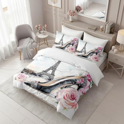 Eiffel Tower Comforter Set Full Size, Pink Rose High Heels Bedding Set, 3 Pieces Watercolor Bedroom Decor with 2 Pillowcases/79 * 90