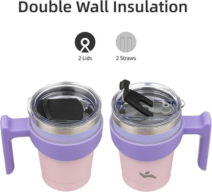 10 oz Tumbler with Handle and 2 Straw 2 Lid, Insulated Water Bottle Stainless Steel Vacuum Cup Reusable Travel Mug,Pastel Sunset