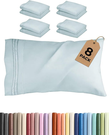 Queen Pillow Cases Set of 8 - Ultra Soft Hotel Quality Pillowcase Covers - Comfy, Cozy & Wrinkle Free - Shrink, Stain and Fade Resistant - Machine Washable Pillow Protectors - 8 Piece Set - Ice Blue