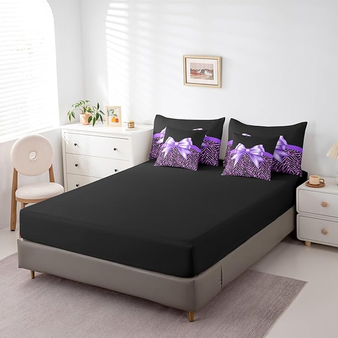 Feelyou Purple Bowknot 7 Piece Bedding Set King Size Glitter Print Comforter Set with Sheets for Kids Girls Adult Cute Bowknot Bed in a Bag Black Silver Bed Set