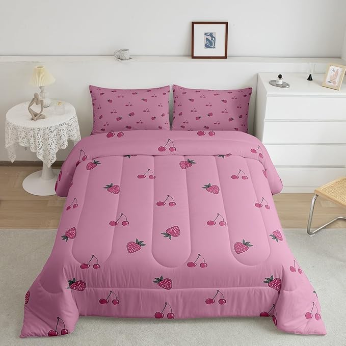 Kids Kawaii Bedding Set Queen Size Cute Strawberry Comforter Set Girls Down Comforter Room Decor Cartoon Fruit Quilt Set Girly Strawberry Cherry Duvet Set Lovely Pink White With 2 Pillowcases