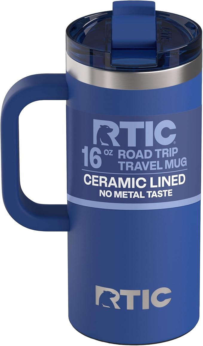 RTIC 16oz Road Trip Travel Mug with Lid and Handle, Ceramic Lined, Insulated, Stainless Steel, Metal, Double Wall Vacuum-Insulation, Portable Coffee, Tea Cup for Hot and Cold Drink, Cobalt