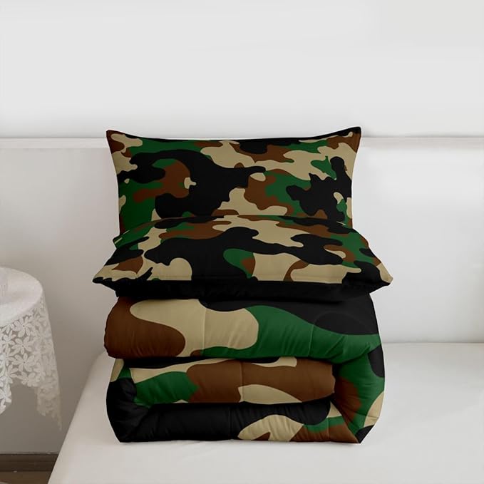 Erosebridal Camouflage Comforter Set Toddler Size Camo Bedding Set for Kids Boys Girls Dark Green Brown Black Comforter Rustic Farmhouse Abstract Quilt Bedroom Decor
