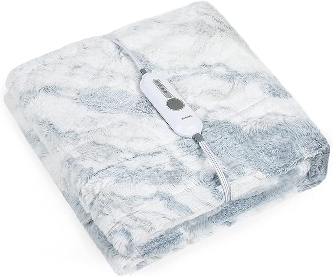 WOOMER Heated Blanket Throw 50" x 60", Electric Blanket Throw with 4 Heating Levels & 4H Auto Off, ETL Certified, Marble Blue Double-Sided Faux Fur, Over-Heat Protect, Machine Washable
