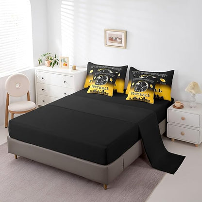 Erosebridal American Soccer Queen Bed in A Bag for Kids Boys Teen Adults,Sports Rugby 7 Pcs Bedding Set Football City Comforter Set with Sheets Competitive Games Black Yellow Bed Set