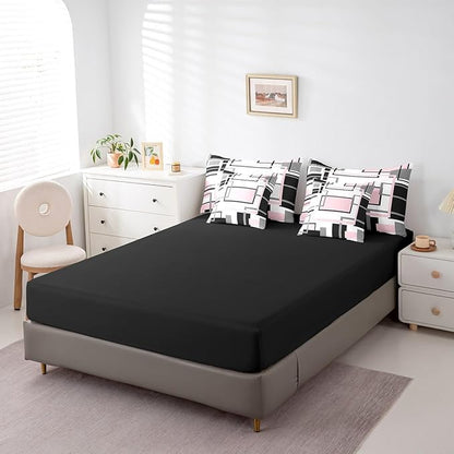 Erosebridal 7Pcs Pink and Black Twin Comforter Set,Modern Square Geometric Bed in A Bag for Adults,Mid Century Minimalist Abstract Quilt,Aesthetics Art Contemporary Stripes Bedding with Bed Sheets
