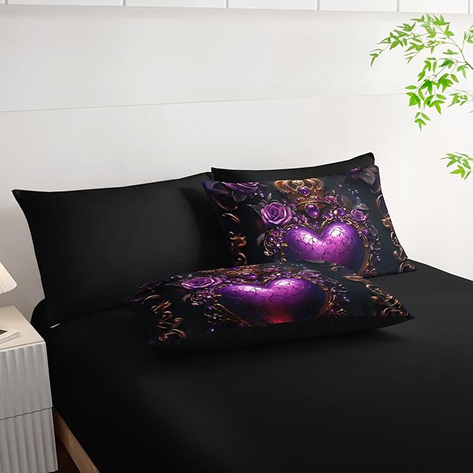 7 Piece Heart Comforter Set Full Purple，Flower Heart Pattern Full Bedding Set，(1 Comforter, 1 Flat Sheet, 1 Fitted Sheet, 2 Pillowcase and 2 Pillow Sham)