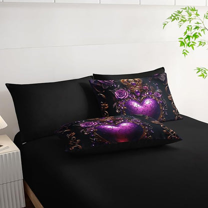 7 Piece Heart Comforter Set Full Purple，Flower Heart Pattern Full Bedding Set，(1 Comforter, 1 Flat Sheet, 1 Fitted Sheet, 2 Pillowcase and 2 Pillow Sham)