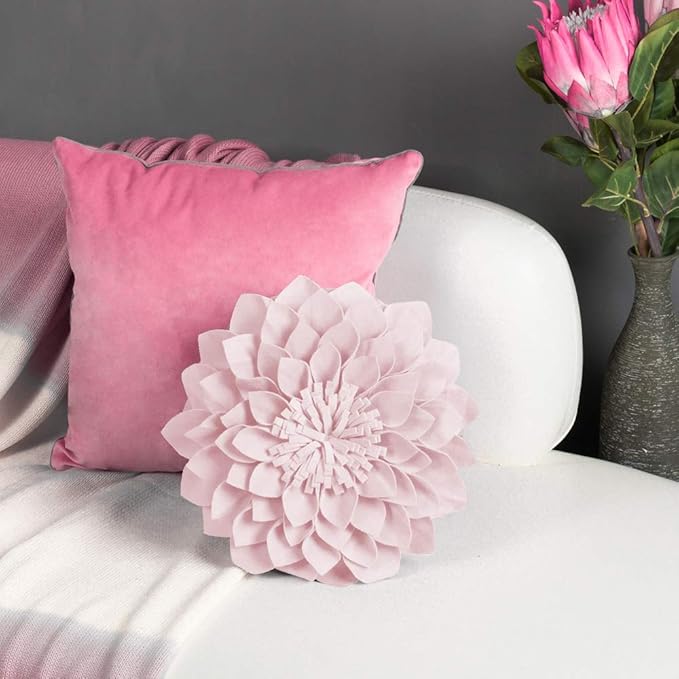 JWH Spring Flower Throw Pillow Cover Decorative Round Cushion Floral Accent Pillow Case Handmade Pillowcase for Girls Bedroom Living Room Bed Couch 12 Inch Pink Velvet