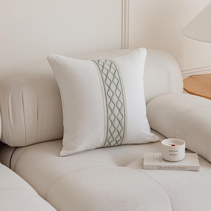 Throw Pillow Covers with Insert Included, with Embroidered Detail, 18 x 18 inches, Decorative Throw Pillow for Sofa Couch Bed (White, 18" L x 18" W)