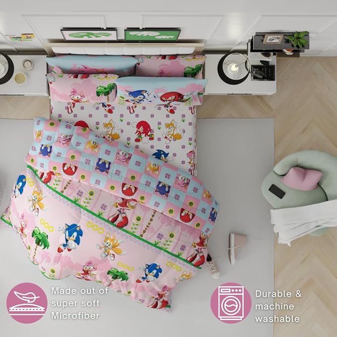 Sonic The Hedgehog Amy Rose Girls Bedding Super Soft Reversible Microfiber Comforter and Sheet Set with Sham, 7 Piece Full Size, (Official Licensed Product) by Franco Kids