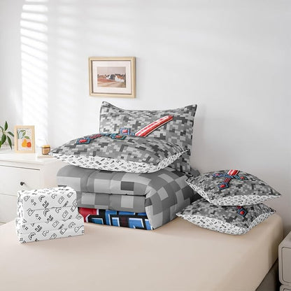 Castle Fairy Red Blue Sword 7 Piece Comforter Set Queen Size,Geometric Grey Grid All Season Reversible Bed in a Bag Miner Theme Bedding Sets Pixel Video Games Flat Sheet,Fitted Sheet,Pillowcases