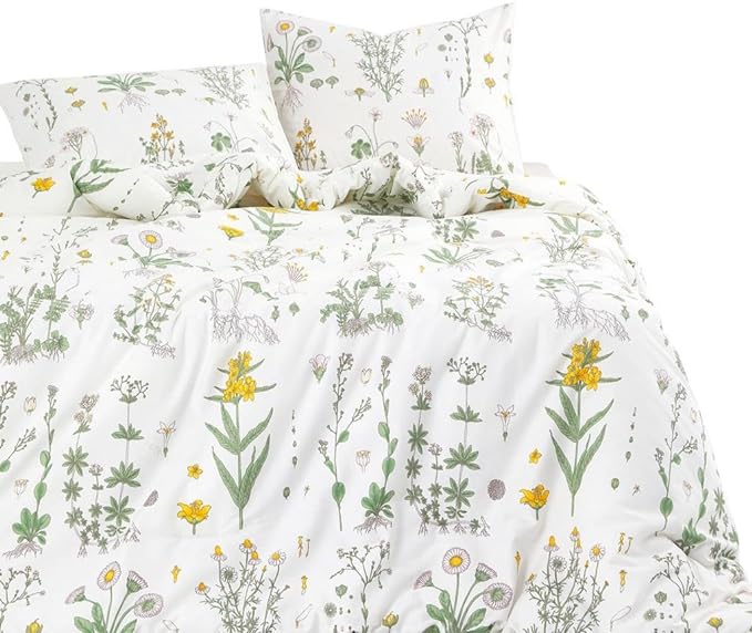 Wake In Cloud - Botanical Comforter Set, 100% Cotton Fabric, Floral Flower Cottagecore Neutral Shabby Chic Coquette Aesthetic, 3 Pieces Bedding Set, Yellow Green, Queen Size