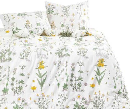 Wake In Cloud - Botanical Comforter Set, 100% Cotton Fabric, Floral Flower Cottagecore Neutral Shabby Chic Coquette Aesthetic, 3 Pieces Bedding Set, Yellow Green, Queen Size