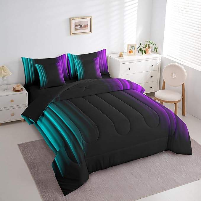 Feelyou Teens Abstract Ombre Decorations Bed in a Bag for Kids Women Teal Purple and Black Comforter Set with Sheets Geometric Modern Bed Set Room Twin Size