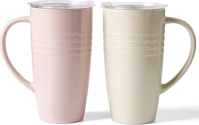 famiware Jupiter Large Coffee Mug, 20oz Coffee Mug with Lid, Ceramic Mugs Set of 2, Cup Set with Handle for Latte, Tea, Cocoa, Milk, Microwave and Dishwasher Safe, Light Pink and Vanilla White