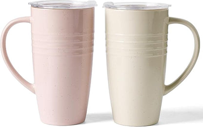 famiware Jupiter Large Coffee Mug, 20oz Coffee Mug with Lid, Ceramic Mugs Set of 2, Cup Set with Handle for Latte, Tea, Cocoa, Milk, Microwave and Dishwasher Safe, Light Pink and Vanilla White