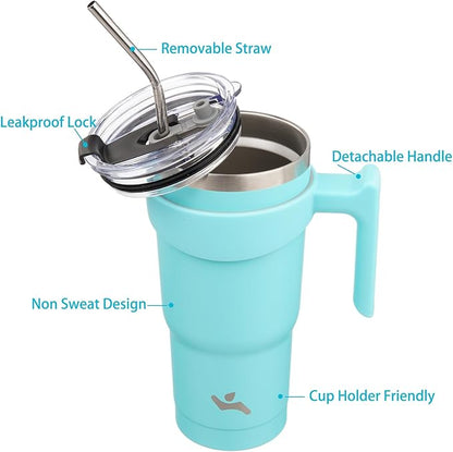 20 oz Tumbler with Handle and 2 Straw 2 Lid, Insulated Water Bottle Stainless Steel Vacuum Cup Reusable Travel Mug,Turquoise