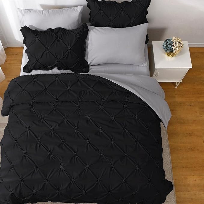 JOLLYVOGUE Black/Gray Bed in a Bag Comforter Set for Bedroom, Pintuck Twin Size Comforter Sets 5 Pieces, Bedding Comforter Sets with Comforter, Sheets,Ruffled Shams & Pillowcases