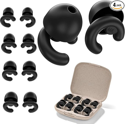 Noise Cancelling Ear Plugs for Sleep, Small Ear Fit - No-Pain for Side Sleepers, 33dB NRR Reusable Silicone One-Piece Design, 4 Sizes for Adults & Kids, Portable Case