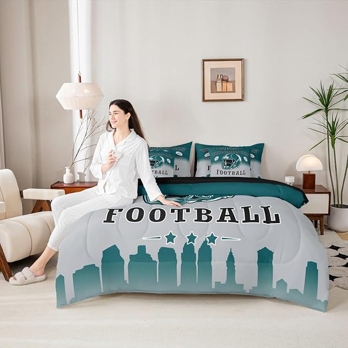 Erosebridal Football Comforter Set with Sheets American Soccer City Twin 7 Piece Bedding Set for Kids Teen Adults,Rugby Sports Green Grey Bed in A Bag Sports Competitive Games Bed Set
