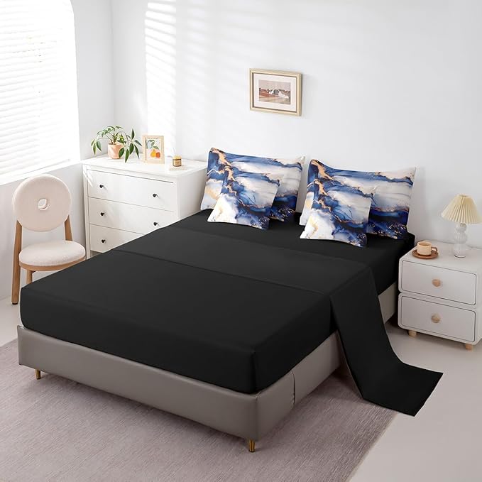 Navy Blue Watercolor Bedding Full Size 7-Piece Aesthetic Marble Comforter Set, Modern Abstract Foil Print Bedding Comforter Sets Marbling Printed Bed in a Bag, Stone Pattern Bedding Accessories