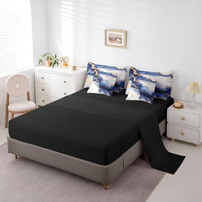 Navy Blue Watercolor Bedding Full Size 7-Piece Aesthetic Marble Comforter Set, Modern Abstract Foil Print Bedding Comforter Sets Marbling Printed Bed in a Bag, Stone Pattern Bedding Accessories