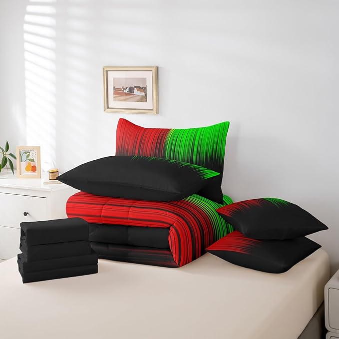 Feelyou Abstract Ombre Comforter Set with Sheets Kids Teens Red Green and Black Girls 7 Piece Bedding Set Room Decor Fashion Modern Women Bed in a Bag Bedroom Collection Full Size