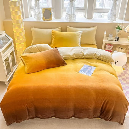 CLOTHKNOW Orange Yellow Fluffy California King Comforter Set Velvet Bedding Comforter Sets Mustard Yellow Comforters with 2 x Pillow Cases