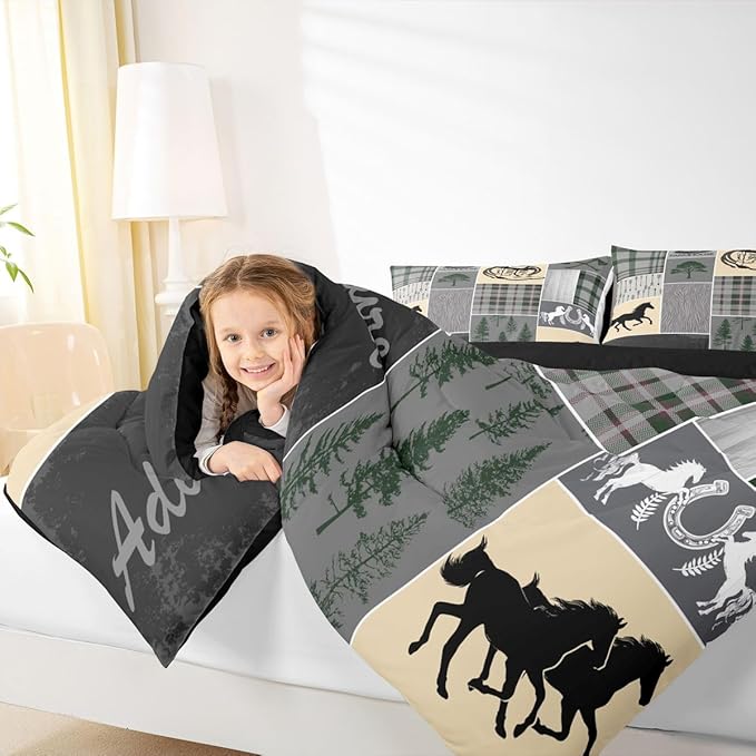 Erosebridal Kids Horse Comforter Set Full, Western Cowboys Horseshoe Bedding Set Vintage Riding Boots Duvet Insert, Adventure Rustic Farmhouse Animal Quilt Cabin Lodge Bedroom Decor, 2 Pillow Cases