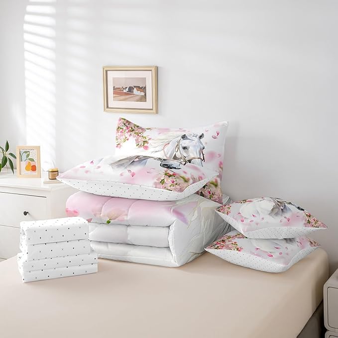 Feelyou Horse Comforter Set King Size 7 Pcs Girls Western Horse Comforter Bed in a Bag Cherry Blossom Floral Bedding Set for Boys Girls Horse Lover Bed Set with Sheets, Pillowcases, Pillow Covers
